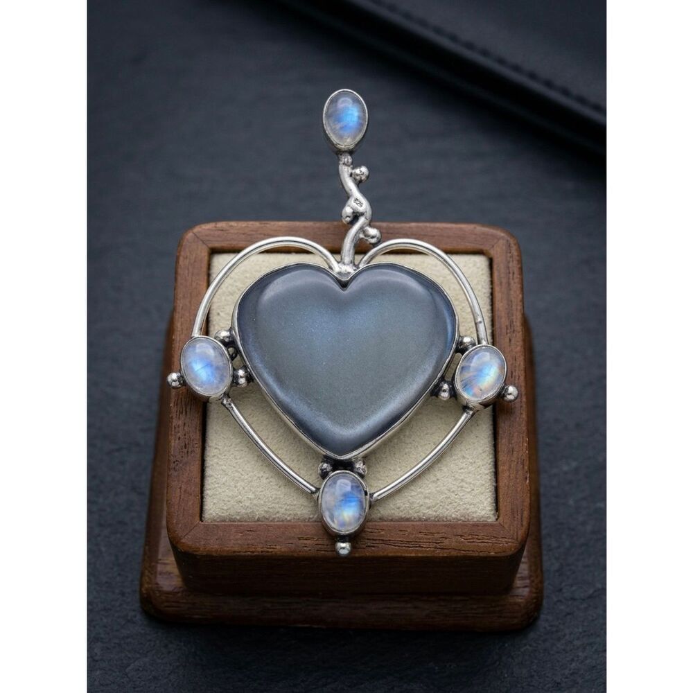 Large Heart Moonstone Accent Silver Pendant Necklace Southwestern Artisan Boho